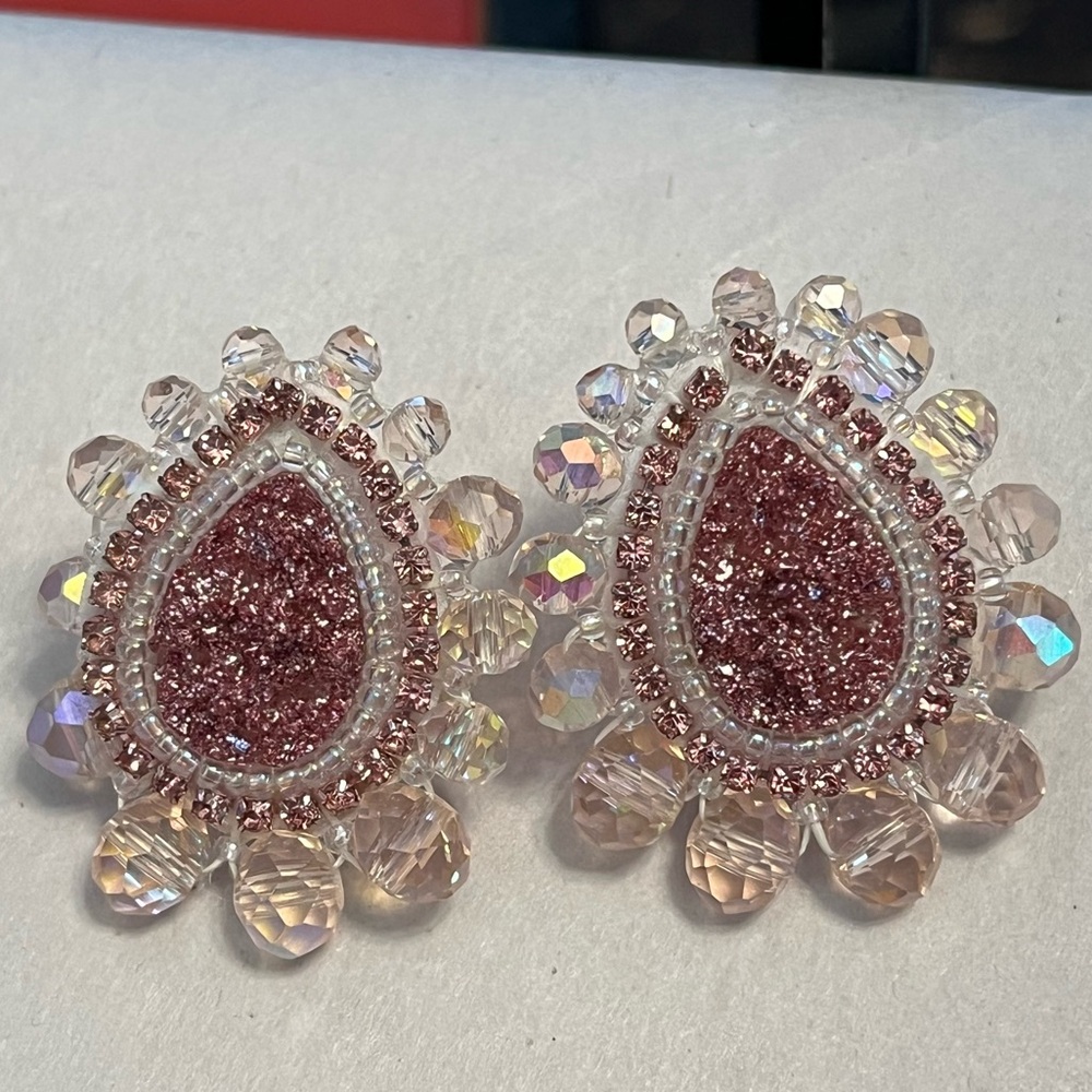Handmade Beaded Omega Earrings Sparkly Pink Artisan Artist Teardrop Statement